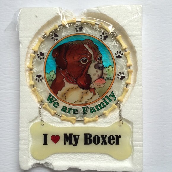 Amia Studios Suncatcher I Love My Boxer Painted Glass Bones Paws Print New - Picture 2 of 9